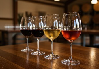 A selection of different wines in glasses, arranged for a tasting experience.