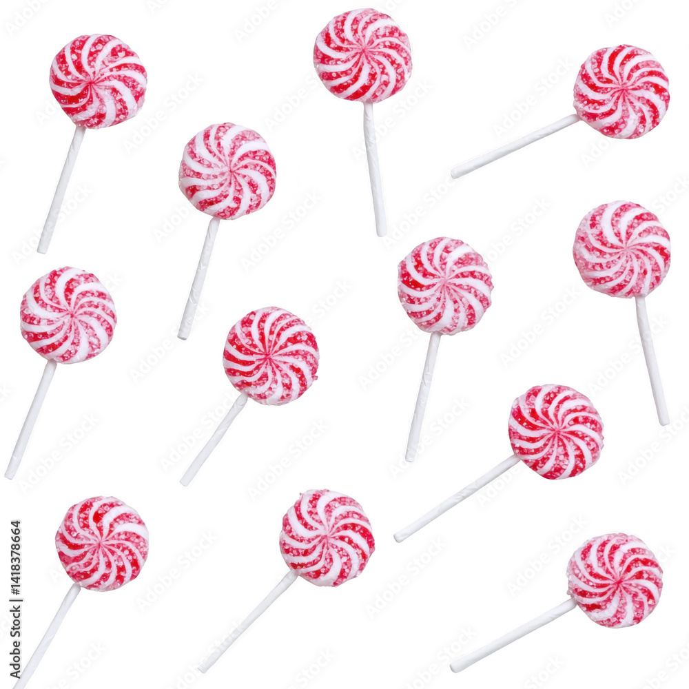 Poster red and white swirled lollipops are scattered on transparency background, creating playful and sweet