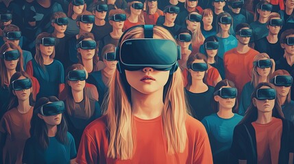A crowd of people wearing virtual reality headsets with a woman in the foreground wearing a vr headset