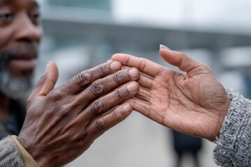 A powerful moment of connection depicted as two pairs of hands come together, symbolizing trust, unity, and companionship between individuals in an open environment.