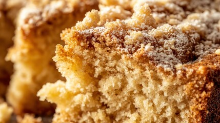 Close-up of a crumb cake piece, showcasing its golden brown crumb topping.