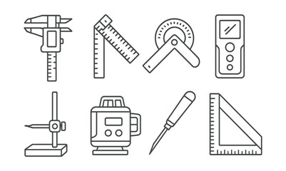 Line vector icons of construction and repair: digital caliper, folding ruler, angle finder, laser measurer, surface gauge, line laser, scribing tool, angle square.