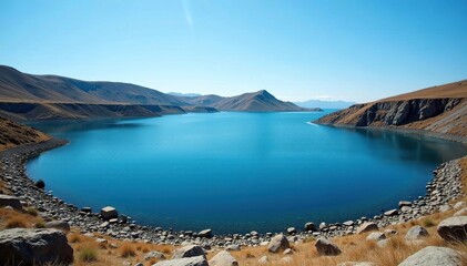 Irregular shaped lake with rocky shoreline and distant hills, hills, view, mountains