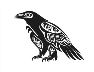 Obraz premium A stylized raven illustration in black and white with tribal patterns