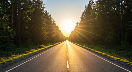 Scenic Highway Through Forest with Sunburst &ndash; Empty Road and Golden Hour Lighting

