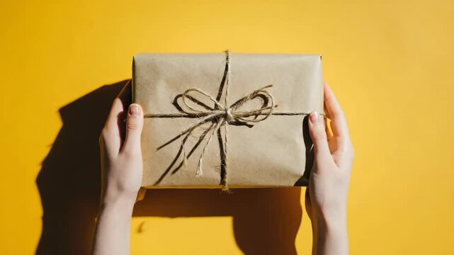 Hands holding a rectangular package wrapped in brown paper with a twine bow over a yellow background creating strong shadows