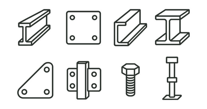 Line vector icons of construction and repair: structural beam, steel plate, channel bar, I-beam, H-beam, gusset plate, connection bolt, steel support.