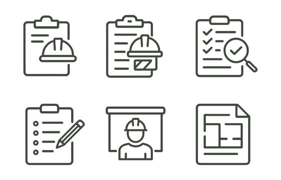 Line vector icons of construction and repair: work permit, daily report, inspection checklist, task sheet, safety briefing, labor schedule, team log, site records.