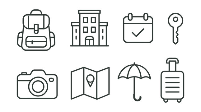 Line vector icons of weekend getaway: backpack, hotel, reservation, key, camera, plan, umbrella, light suitcase.