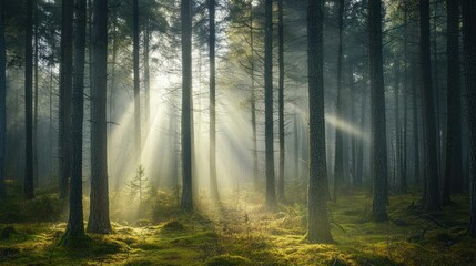 Sunlight streams through the tall trees of a mossy, tranquil forest scene.
