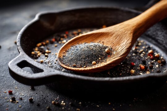 Close up of colorful peppercorns with wooden spoon on black cast iron skillet, showcasing the vibrant colors and textures of freshly ground spices in rustic style.