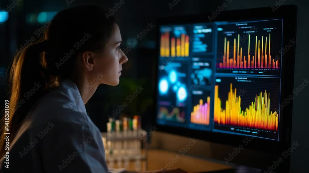 Poster scientist analyzes data on computer screen at laboratory during night generative ai