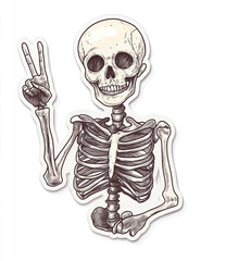 A skeleton sticker making a peace sign on a white background illustration