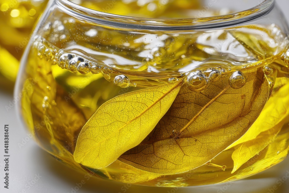 Poster golden leaves submerged in clear liquid, creating a mesmerizing abstract composition, with bubbles c