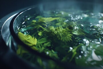 Close-up shot of fresh green herbs simmering in a glass pot, creating steam and showcasing vibrant leaves, ideal for culinary or wellness concepts, a fresh organic ingredient.
