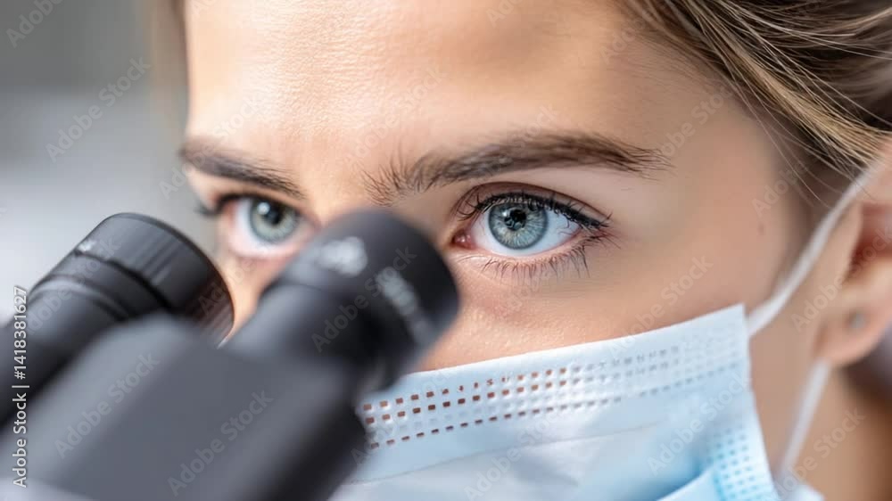 Poster scientist examines new covid variant under microscope in lab generative ai