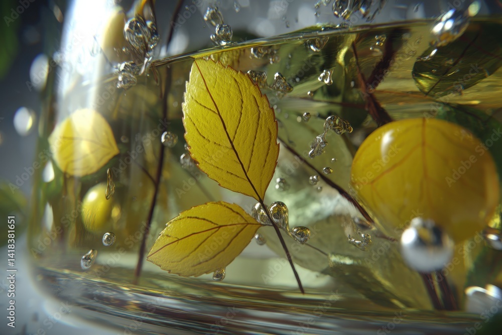 Poster macro shot of yellow autumn leaves submerged in clear water with air bubbles forming, creating an ab