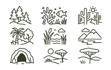 Line vector icons of animal habitats: forest zone, coral reef, desert, jungle, wetlands, tundra, cave, savanna.