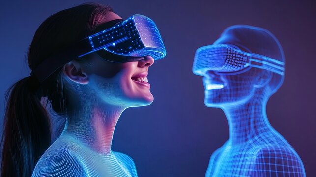 A smiling woman with vr headset looking at a virtual human head in a blue and purple lit environment