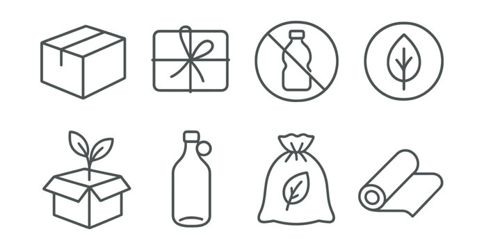 Line vector icons of eco packaging: paper box, string wrap, no plastic symbol, biodegradable sticker, plant-based packaging, returnable bottle, compost bag, wrap icon.