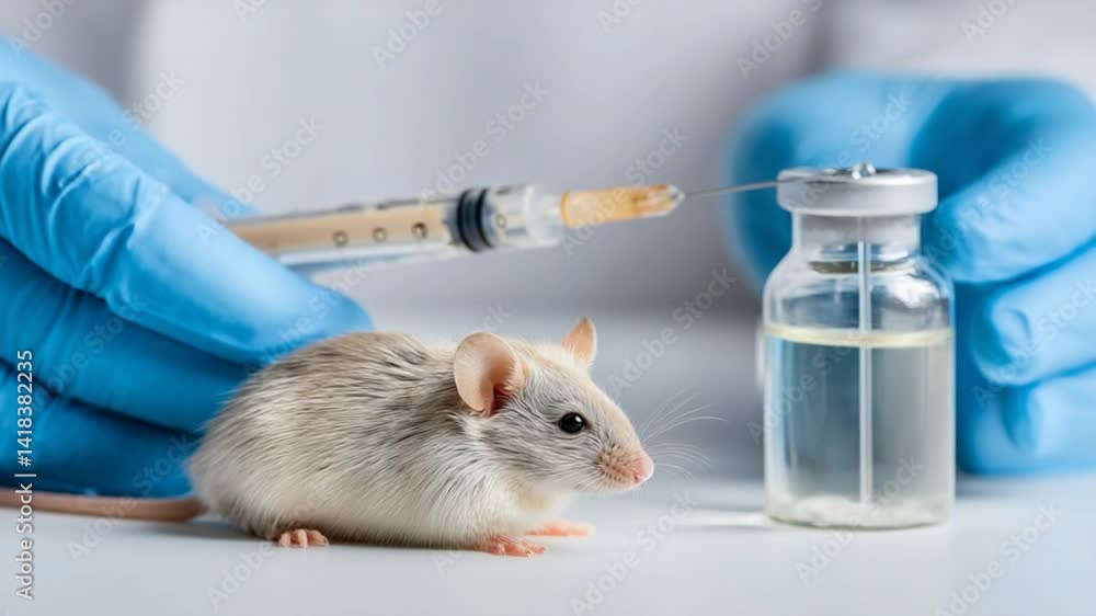 Poster scientist conducting medical research with lab mouse injection generative ai