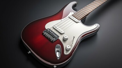 A close-up of a red electric guitar on a dark background. Perfect for music.