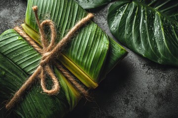 A close-up shot of vibrant green banana leaves, bundled and tied with rustic twine, resting on a textured gray surface, showcasing natural packaging and fresh produce.
