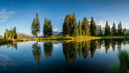 Trees reflecting in a small lake