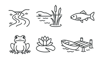 Line vector icons of freshwater ecosystems: river, lake, reeds, fish, frog, water lily, boat, dock.
