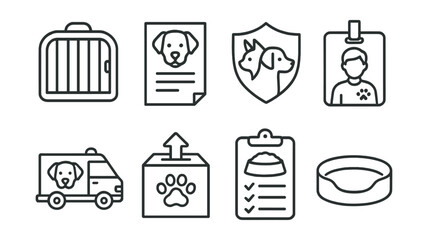 Line style icons of animal shelter: kennel cage, adoption papers, shelter logo, volunteer badge, rescue truck, donation box, feeding schedule, pet bed.