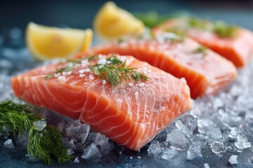 Fresh salmon fillet on ice with lemon slices and dill, ready for cooking a healthy and delicious meal, showcasing culinary preparation.