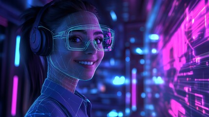 Woman with vr headset and headphones smiling in futuristic neon lit environment with digital elements