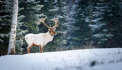 Obraz premium White elk wandering in green forest winter