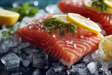 Fresh raw salmon fillet on ice with lemon slices and dill garnish, a culinary delight prepared to perfection for healthy cuisine and gourmet dining pleasure.
