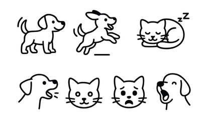 Fototapeta premium Line style icons of animal emotions: wagging tail, playful jump, sleeping pet, purring cat, barking dog, curious face, scared expression, yawning pet.