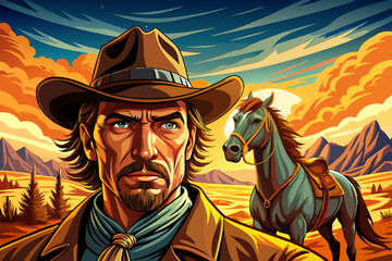 Landscape Sunset illustration of a cowboy portrait and horse in the desert