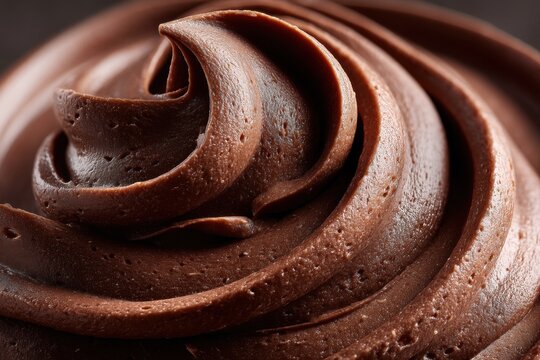 A close-up shot showcasing the rich, dark chocolate frosting swirls, creating a decadent and visually appealing texture with a smooth, creamy, and delicious appearance.