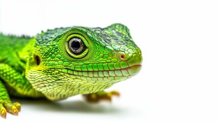Fototapeta premium A close-up of a vibrant green iguana, its scaly skin contrasting on white.