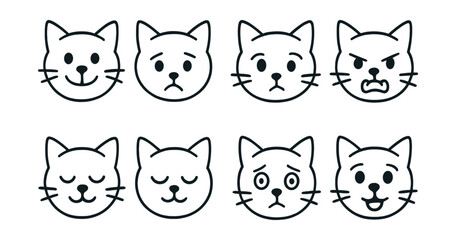 Line style icons of pet emotions: happy face, sad face, curious look, angry growl, relaxed, sleepy, scared, excited.