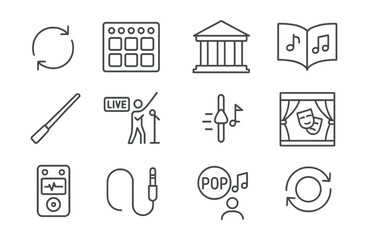 Line style icons of music and sound: loop icon, beatmaker pad, symphony hall, choir book, conductor baton, live session, tuning