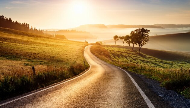 Contry Road Towards The Sun   Foggy Rolling Landscape