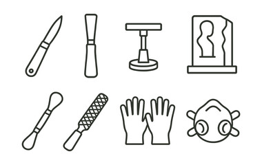 Obraz premium Line vector icons of sculpture tools: clay knife, chisel, sculpting stand, carving block, modeling wire, rasp, gloves, protective mask.