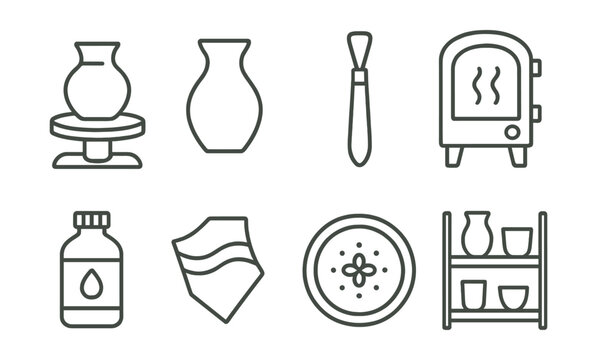 Line vector icons of ceramic art: pottery wheel, clay vase, sculpting tool, kiln, glaze bottle, ceramic shard, plate design, drying shelf.