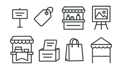 Line vector icons of art market booths: handmade sign, price tag, product display, art print stand, craft banner, sale box, customer bag, vendor tent.