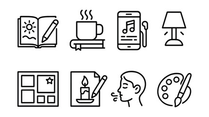 Line vector icons of creative inspiration rituals: morning sketch, coffee and notebook, music playlist, mood lighting, vision board, candle sketch, breathing icon, art flow.