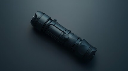 A sleek, black tactical flashlight on a dark, minimalist background.