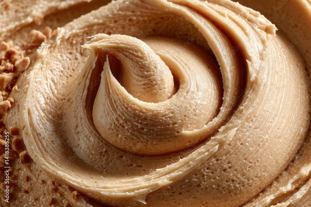 Poster a close-up shot showcases the creamy texture and rich color of a swirl of peanut butter, creating an