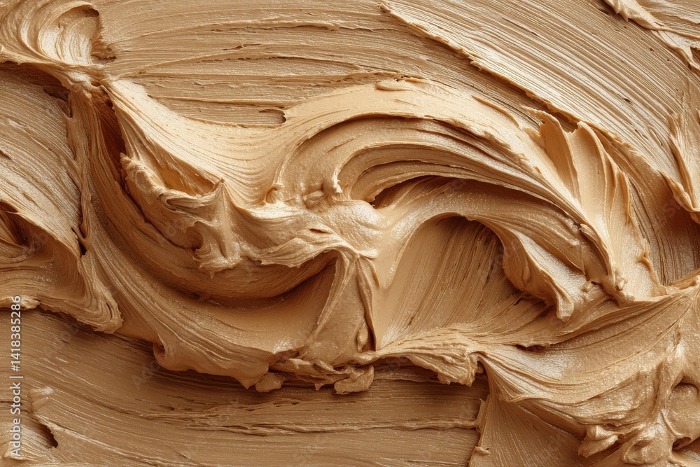 Poster a close-up texture shot of creamy peanut butter spread, swirled and layered creating a delicious and