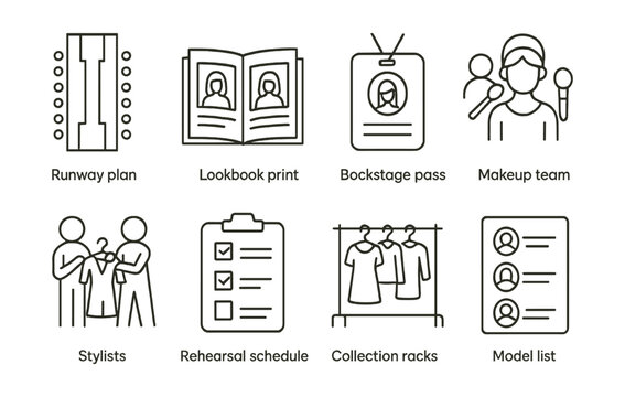 Line vector icons of fashion show preparation: runway plan, lookbook print, backstage pass, makeup team, stylists, rehearsal schedule, collection racks, model list.