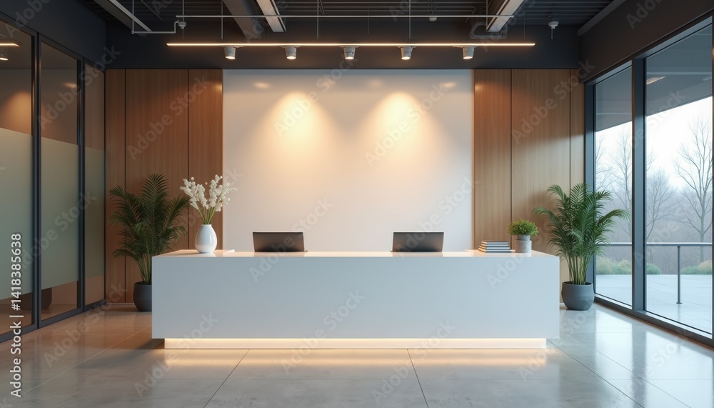 Poster modern reception area with minimalist design and natural light